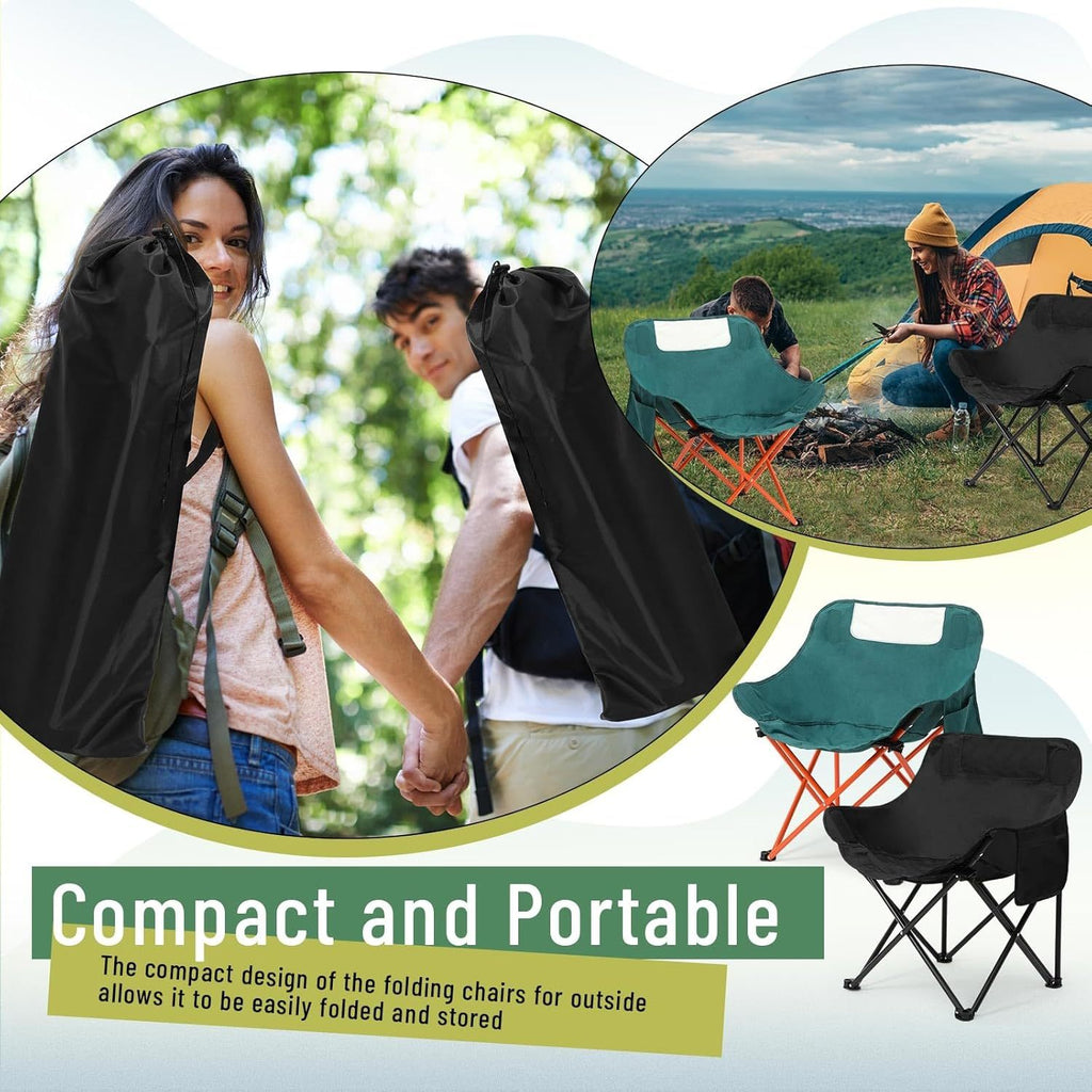 2 Pack Compact Camping Chairs Portable Folding For Outside With Carry Bag Lightweight Moon Chairs For Travel Picnic Hiking Beach Fishing, 600D Oxford, Supports 330lbs