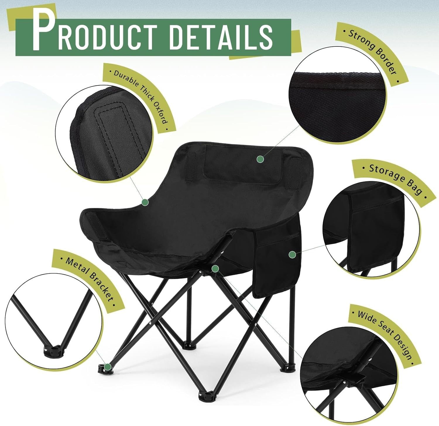 2 Pack Compact Camping Chairs Portable Folding For Outside With Carry Bag Lightweight Moon Chairs For Travel Picnic Hiking Beach Fishing, 600D Oxford, Supports 330lbs
